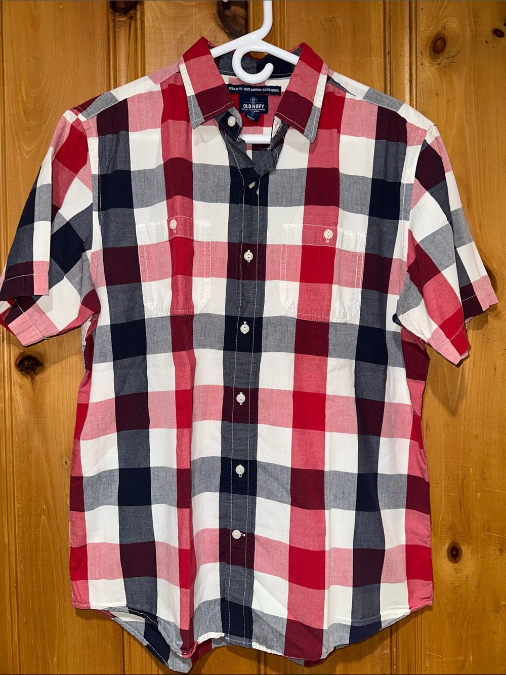 Old Navy Red White and Blue Plaid Short-Sleeve Button-Down Shirt